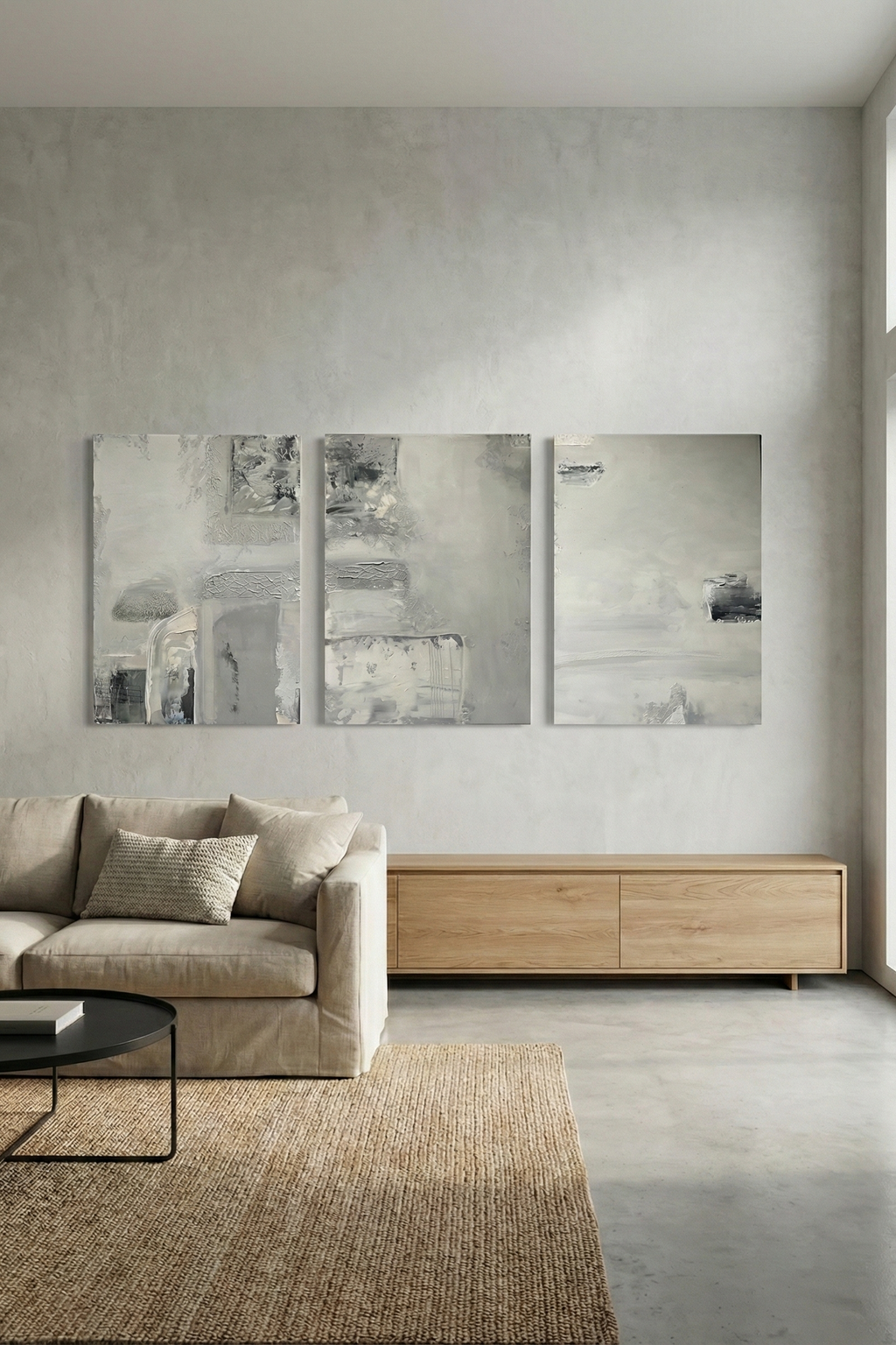 Zestaw trzech obrazów abstrakcyjnych Monochrome Structure, 58x78 cm każdy. Minimalistyczna sztuka strukturalna w odcieniach szarości, beżu i bieli. Nowoczesny tryptyk do salonu w stylu japandi lub loft.