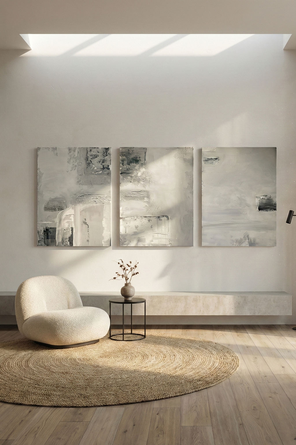 Zestaw trzech obrazów abstrakcyjnych Monochrome Structure, 58x78 cm każdy. Minimalistyczna sztuka strukturalna w odcieniach szarości, beżu i bieli. Nowoczesny tryptyk do salonu w stylu japandi lub loft.