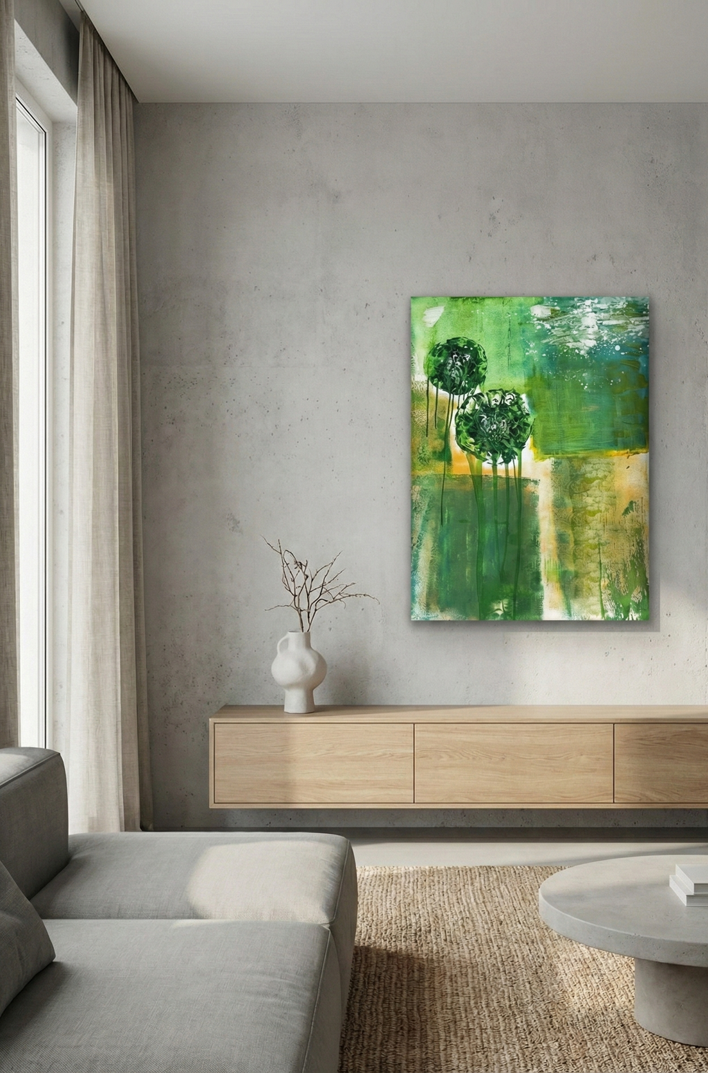 Nowoczesny obraz abstrakcyjny Eco Aesthetics I w odcieniach świeżej zieleni i oliwki z organicznymi formami, technika mieszana na płótnie.