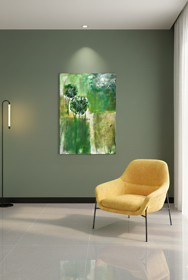 Nowoczesny obraz abstrakcyjny Eco Aesthetics I w odcieniach świeżej zieleni i oliwki z organicznymi formami, technika mieszana na płótnie.