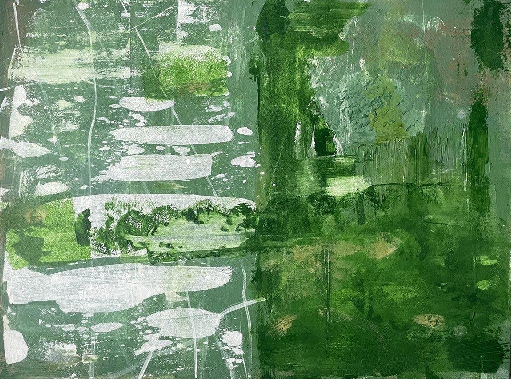 Nowoczesna abstrakcja Eco Aesthetics II przedstawiająca zielone formy organiczne na białym tle, malarstwo akrylowe o bogatej teksturze.