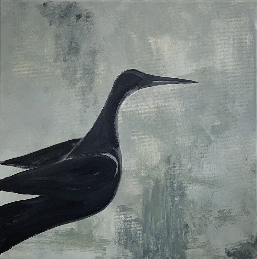 Ręcznie malowany obraz akrylowy przedstawiający czaplę, styl minimalistyczny, wymiary 40x40 cm.