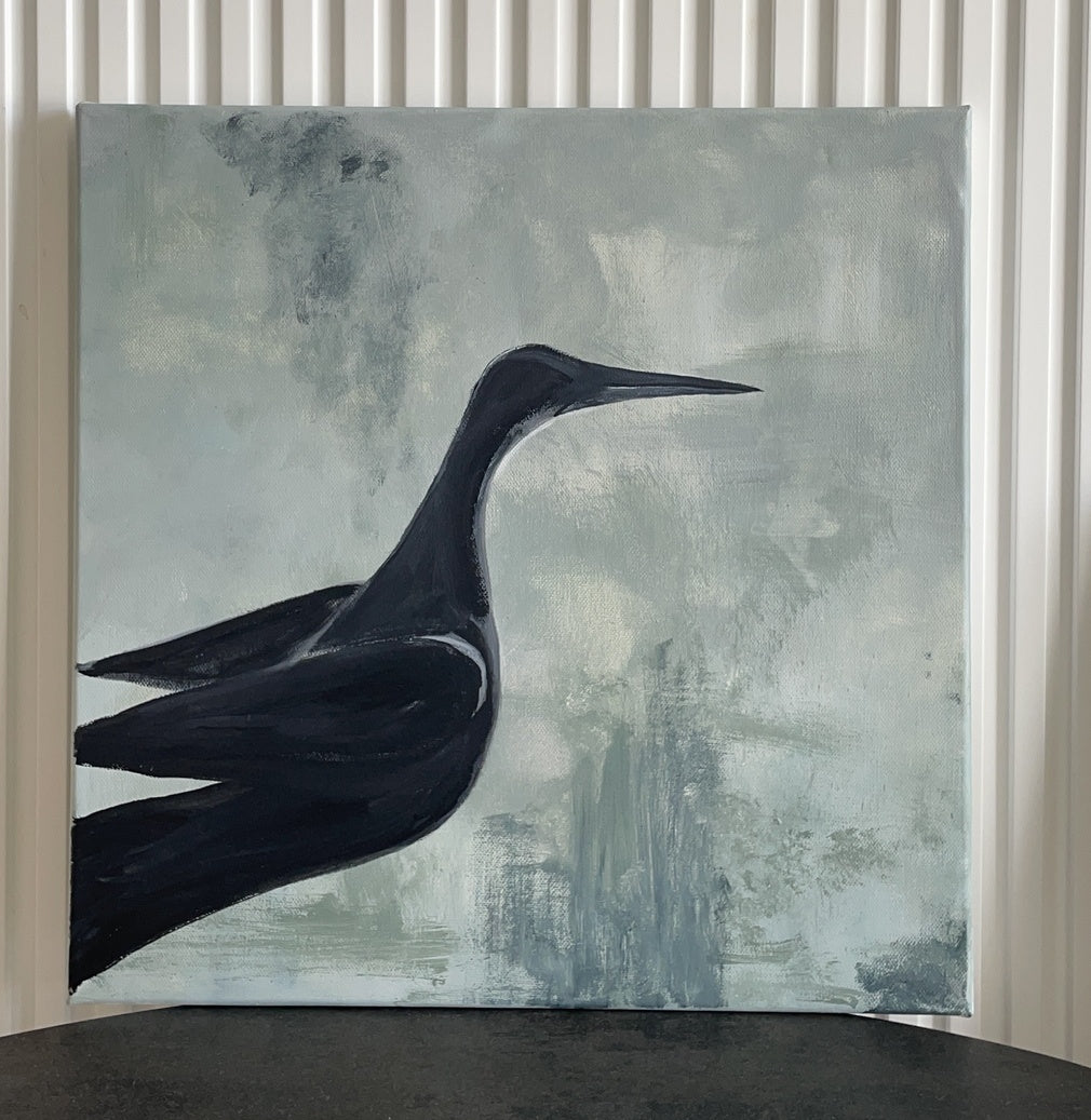 Ręcznie malowany obraz akrylowy przedstawiający czaplę, styl minimalistyczny, wymiary 40x40 cm.